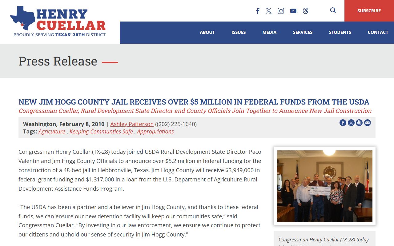 Jim Hogg County Jail construction funding release for detention facility history