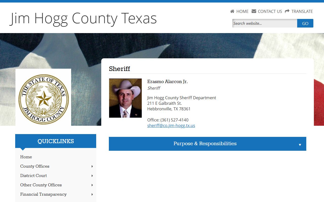 Jim Hogg County Jail sheriff page for inmate custody contact